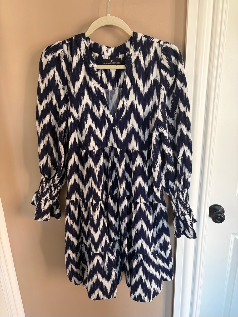 Pomander Place Navy & White Ikat Tiered Mini Dress